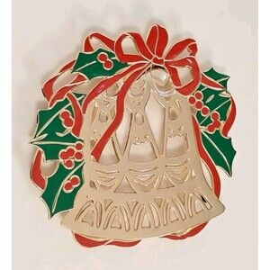 Vintage Christmas Bell Holly Berry Trivet 8" Brass